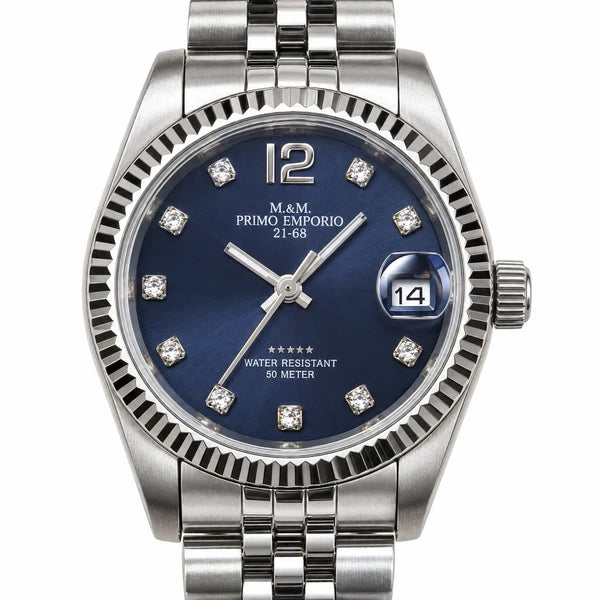 M&M Primo Emporio 21-68 – Orologio unisex con lunetta zigrinata, indici luminosi e datario | Blu, Nero e Bianco