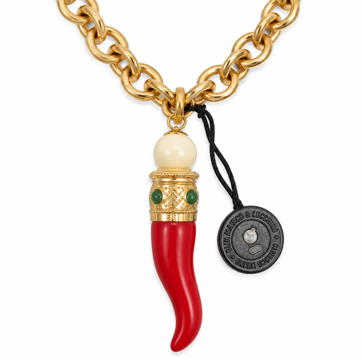 OIW – Collana Donna Catena Rolo Gold Ciondolo Cornetto Portafortuna Rosso
