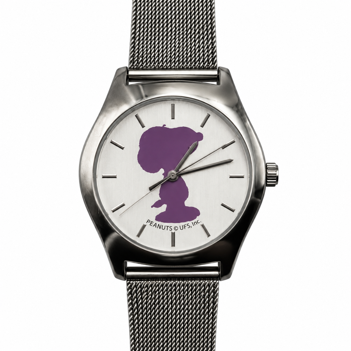 Orologio Snoopy Peanuts con silhouette sul quadrante e bracciale a maglia milanese in acciaio