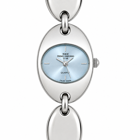 M.&M. Primo Emporio 21-68 – Orologio Donna Bracciale Maglie Ovali Argento Quadrante Azzurro Italian Design