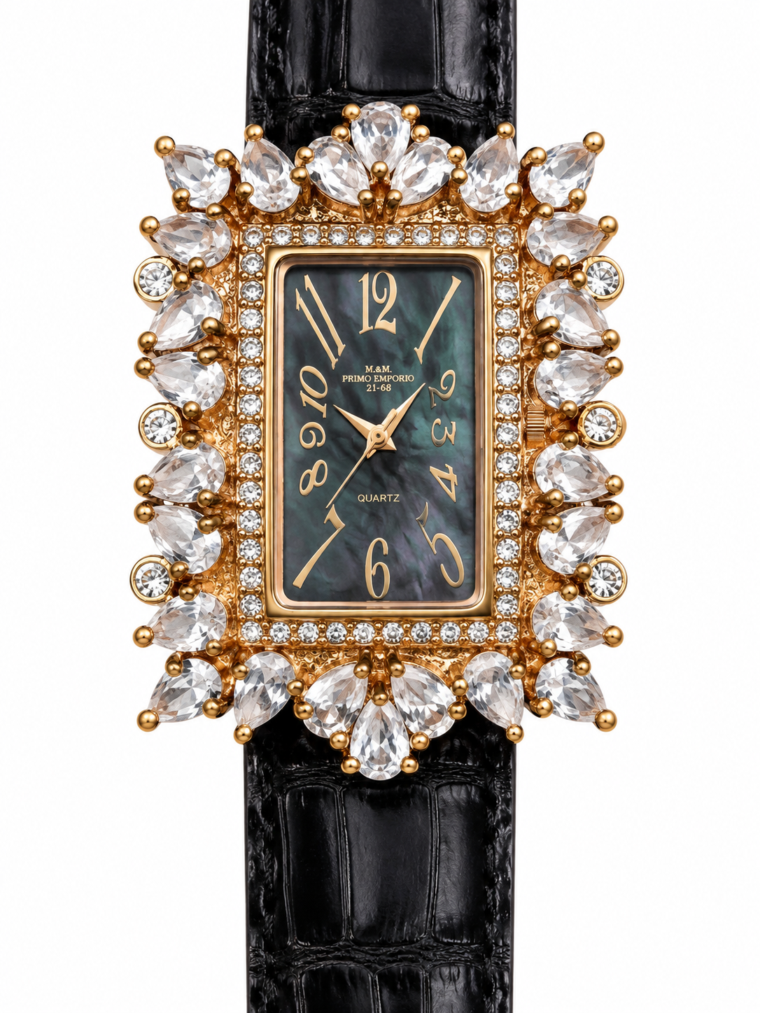 Orologio M&M Primo Emporio con cornice dorata e decorazioni trasparenti a goccia, quadrante rettangolare scuro e cinturino nero