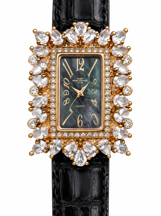 Orologio M&M Primo Emporio con cornice dorata e decorazioni trasparenti a goccia, quadrante rettangolare scuro e cinturino nero