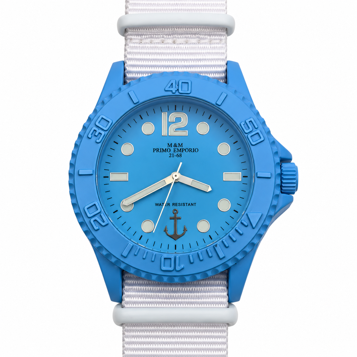 Orologio M&M Primo Emporio azzurro acceso con ancora e cinturino bianco in tessuto
