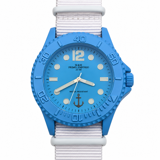 Orologio M&M Primo Emporio azzurro acceso con ancora e cinturino bianco in tessuto