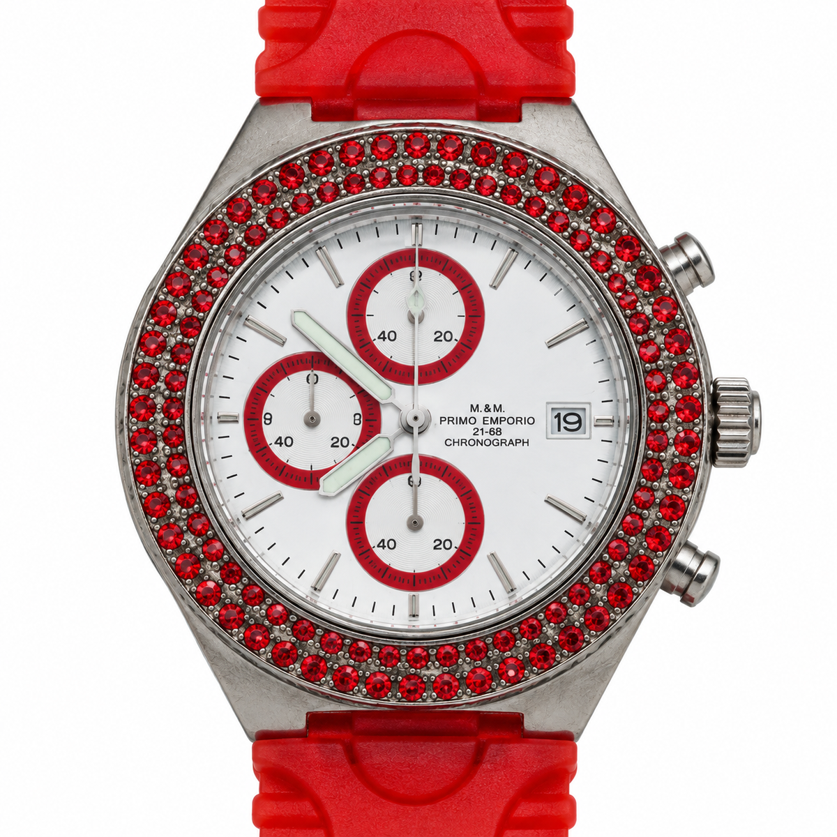 Orologio cronografo M&M Primo Emporio 21-68 con quadrante bianco, dettagli rossi e cinturino rosso