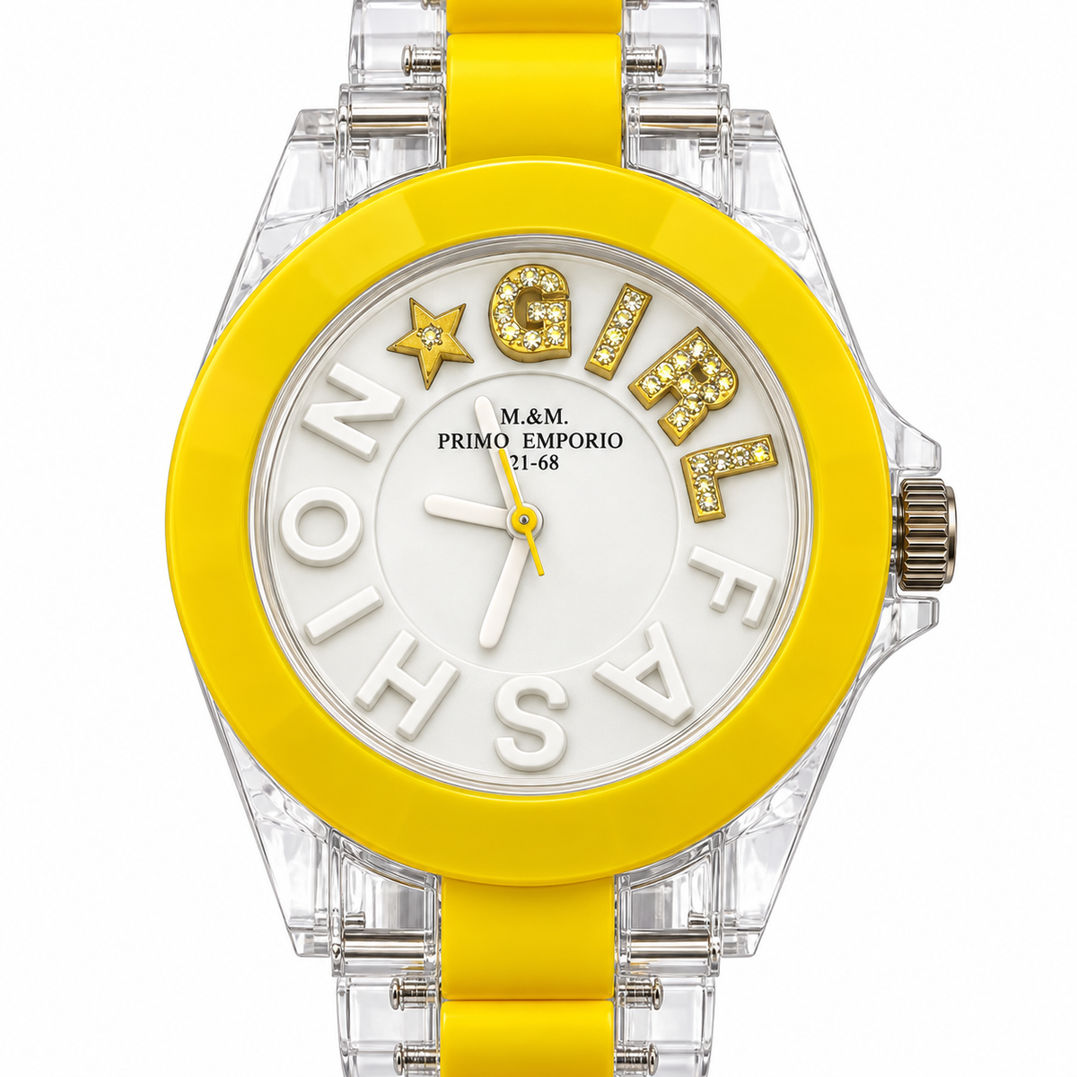M&M Primo Emporio Fashion Girl con lunetta e bracciale gialli, quadrante bianco e dettagli trasparenti