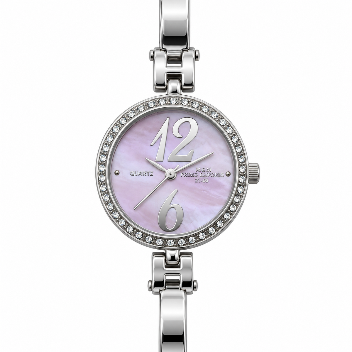 M.&M. Primo Emporio 21-68 orologio donna quarzo quadrante madreperla lilla bezel cristalli bracciale bangle maglie H argento