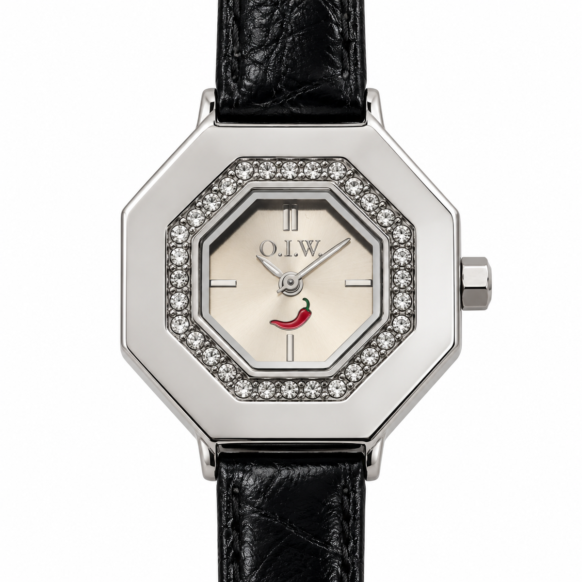 Orologio O.I.W. ottagonale argentato con pietre luminose e cinturino nero