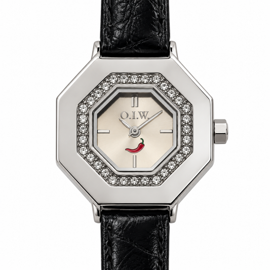 Orologio O.I.W. ottagonale argentato con pietre luminose e cinturino nero