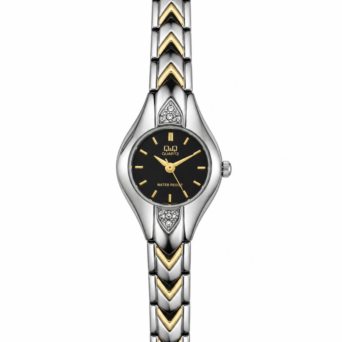 Orologio Q&Q da donna con quadrante nero, strass e bracciale bicolore acciaio e oro