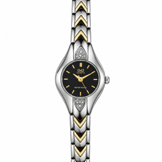 Orologio Q&Q da donna con quadrante nero, strass e bracciale bicolore acciaio e oro