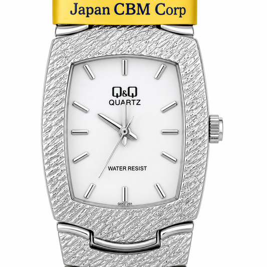 Q&Q – Orologio Donna Cassa Rettangolare Texture Rilievo Argento Quadrante Bianco Bracciale Espandibile Water Resist