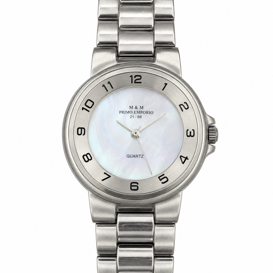 Orologio donna M&M Primo Emporio 21-68 – cassa rotonda in acciaio lucido con quadrante madreperla bianca e bracciale integrato