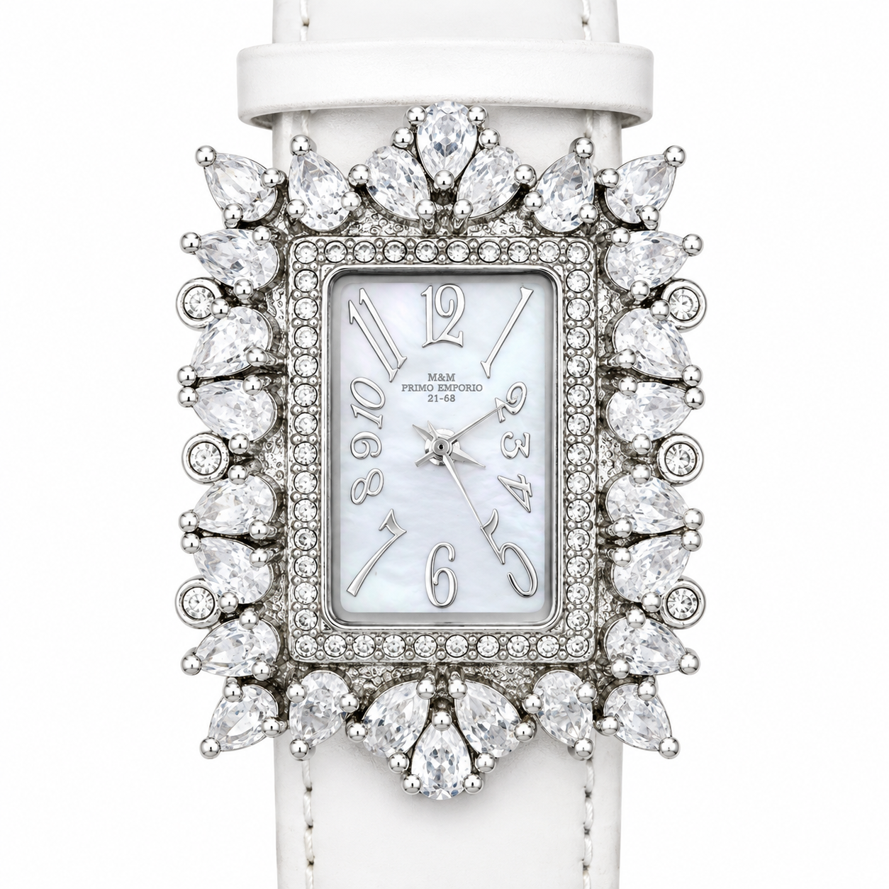 M.&M. Primo Emporio 21-68 – Orologio Donna Corona Cristalli Marquise Argento Madreperla Cinturino Bianco