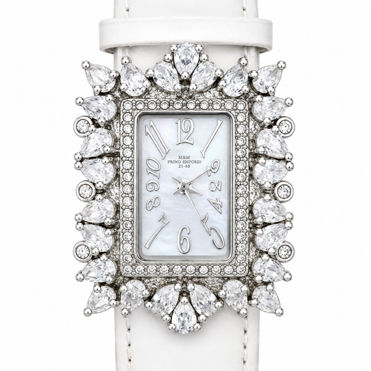M.&M. Primo Emporio 21-68 – Orologio Donna Corona Cristalli Marquise Argento Madreperla Cinturino Bianco