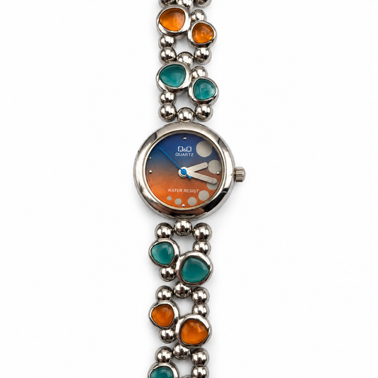 Orologio Donna Q&Q al Quarzo con Bracciale Verde e Arancio e Quadrante Sfumato