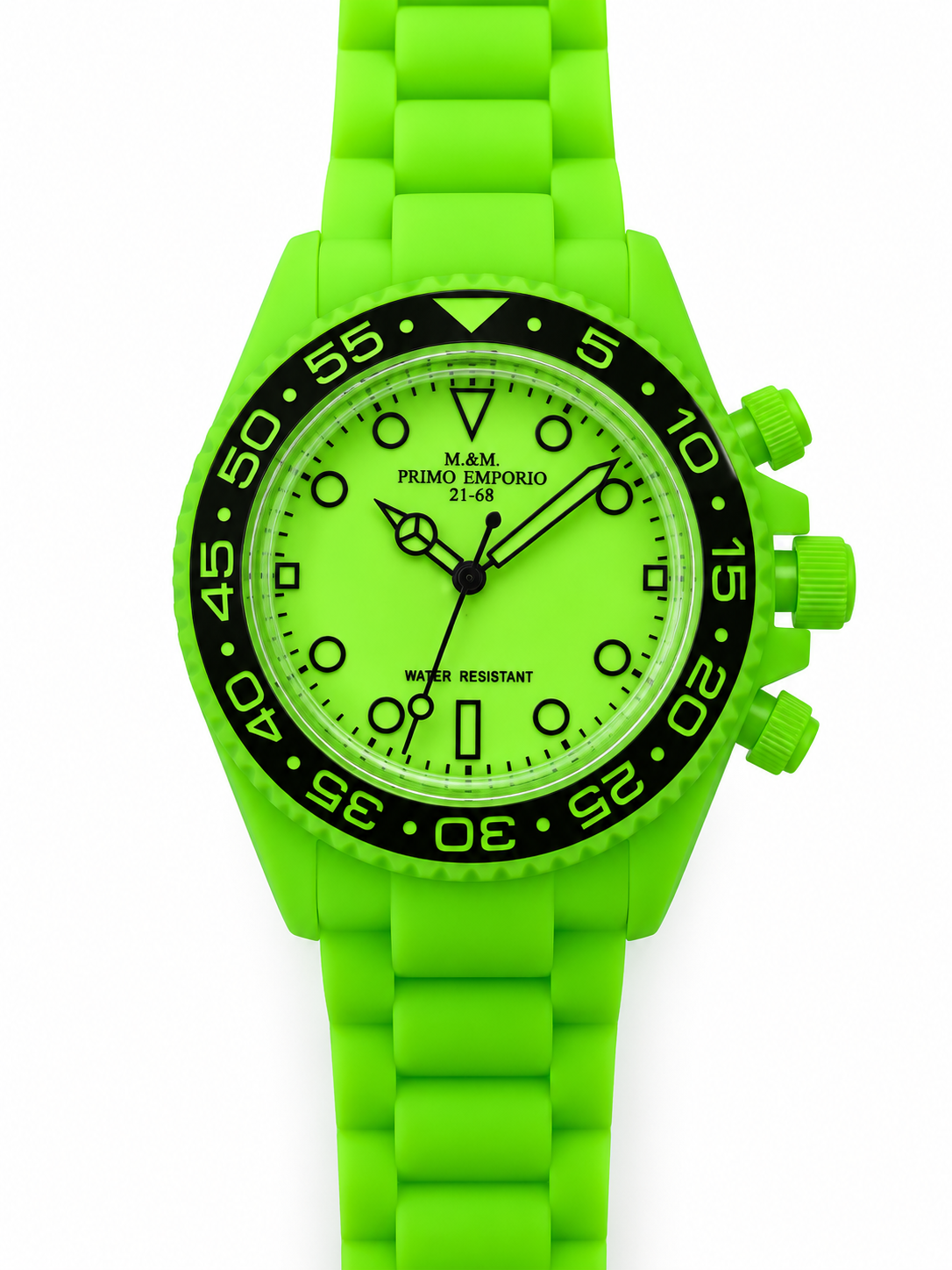 M.&M. Primo Emporio 21-68 orologio sport diver total verde lime cassa bracciale gomma bezel nero water resistant