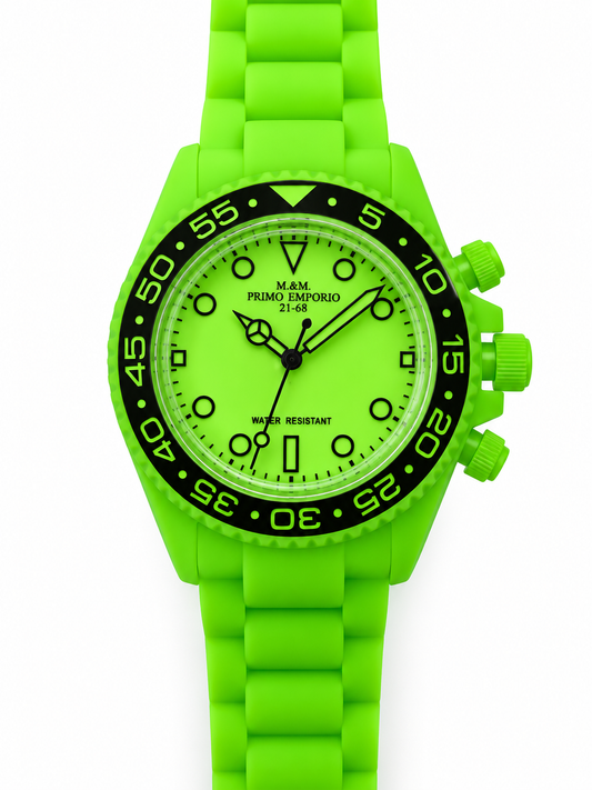 M.&M. Primo Emporio 21-68 orologio sport diver total verde lime cassa bracciale gomma bezel nero water resistant