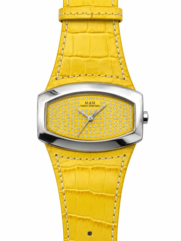 M&M Primo Emporio – Orologio Donna Barrel Pavé Cristalli Cinturino Coccodrillo | Verde Acqua, Rosso, Giallo o Rosa