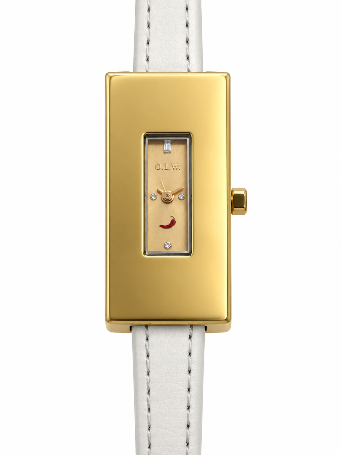 Orologio O.I.W. rettangolare dorato con quadrante sottile e cinturino bianco