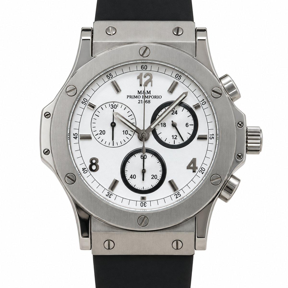 M&M Primo Emporio 21-68 – Cronografo Uomo Big Sport Cassa Acciaio, Quadrante Nero o Bianco, Cinturino Gomma