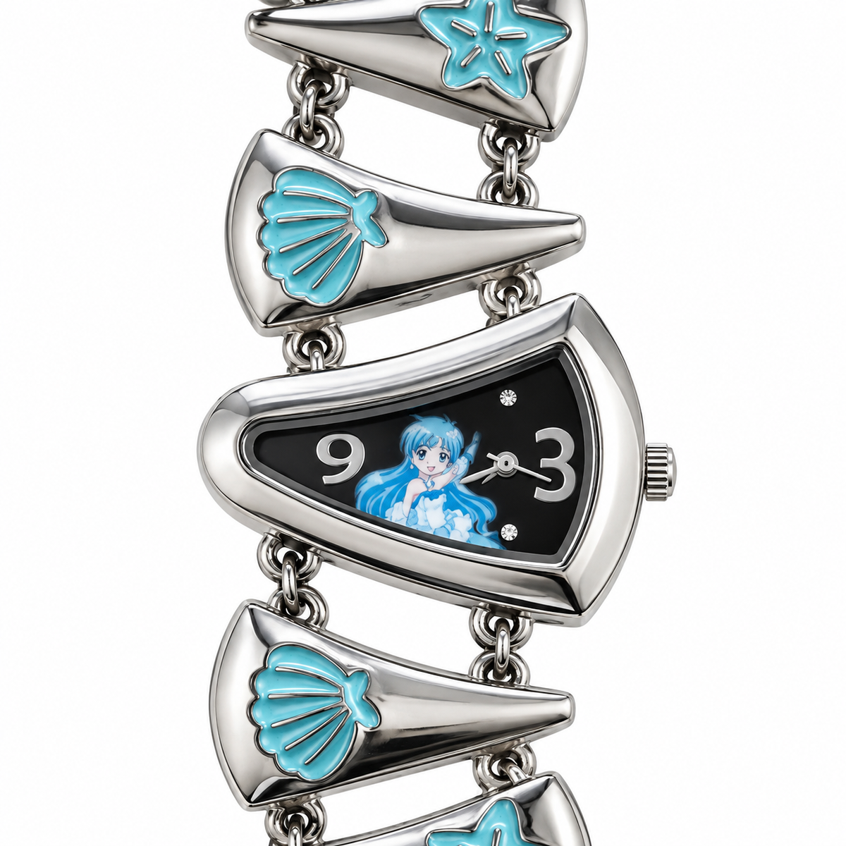 Orologio Mermaid Melody color argento con quadrante nero illustrato, bracciale a conchiglie e dettagli azzurri