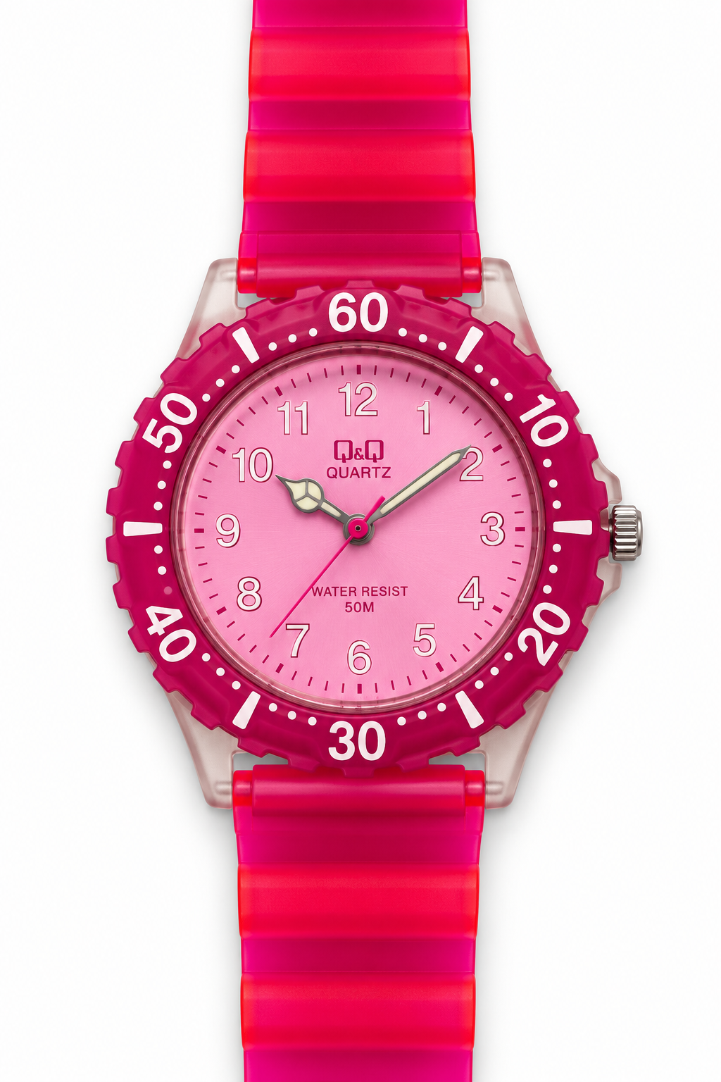 Orologio Q&Q fucsia traslucido con quadrante rosa e lunetta numerata
