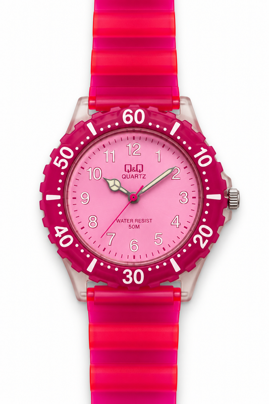 Orologio Q&Q fucsia traslucido con quadrante rosa e lunetta numerata