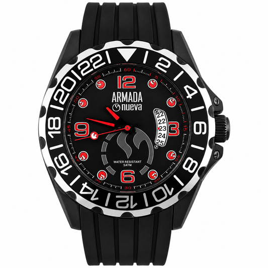 Armada Nueva – Orologio Sport Total Black Quadrante Rosso Bezel 24H Water Resistant 5ATM con Data