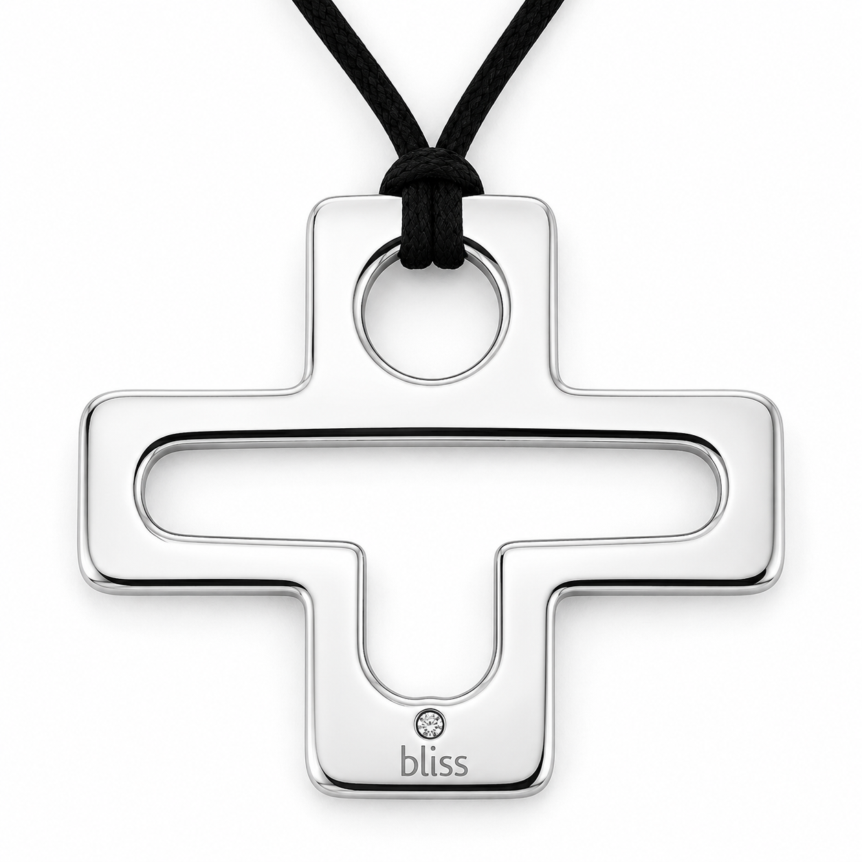 Bliss – Collana Croce Acciaio Lucido con Cristallo e Cordino Nero