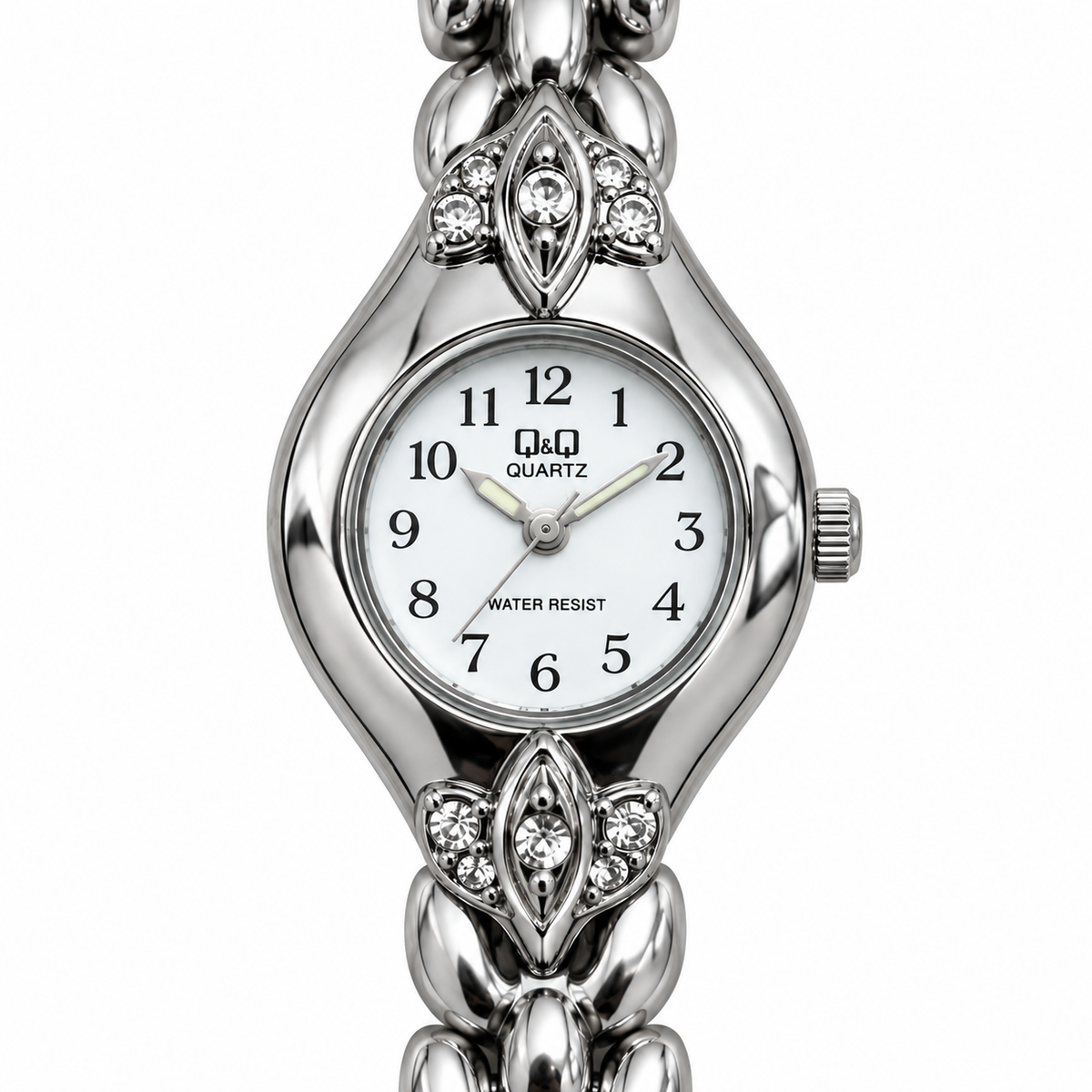 Orologio donna Q&Q color argento con quadrante bianco a numeri arabi, bracciale gioiello e decorazioni luminose