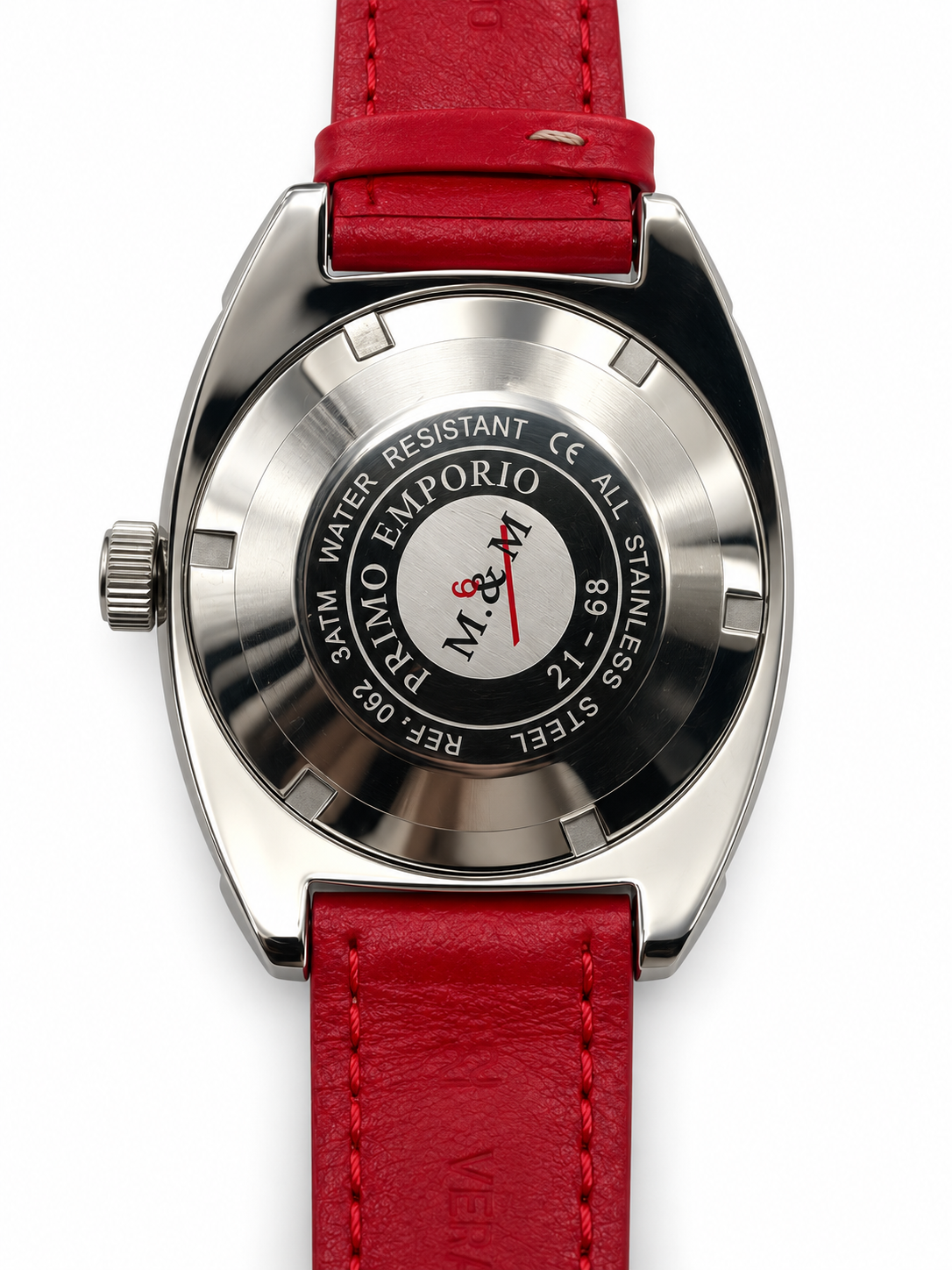 Orologio M&M Primo Emporio rosso con cassa sagomata e dettagli gialli