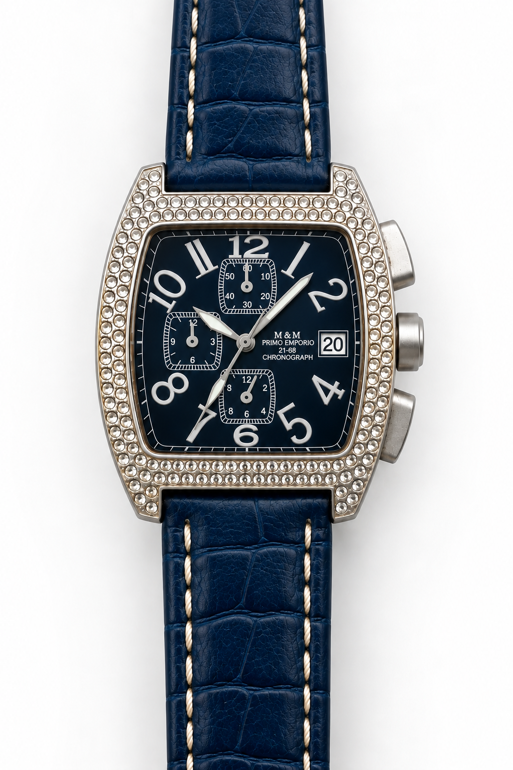 M.&M. Primo Emporio 21-68 cronografo donna cassa tonneau bezel doppia fila cristalli quadrante blu notte numeri arabi bianchi cinturino coccodrillo navy cucitura bianca