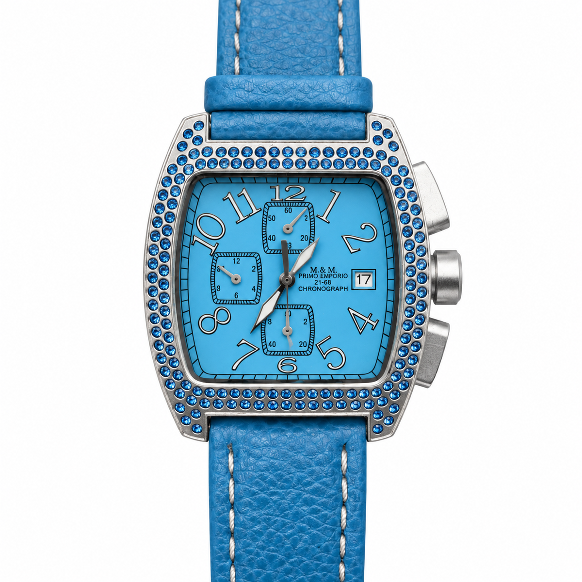 M.&M. Primo Emporio 21-68 cronografo donna cassa tonneau bezel doppia fila cristalli blu quadrante azzurro cinturino pelle