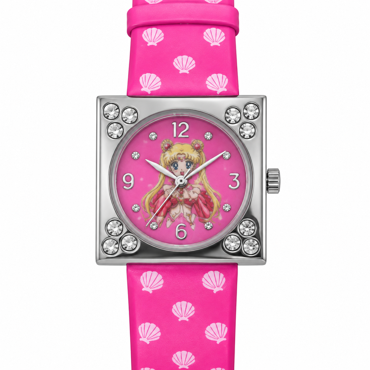 Orologio Mermaid Melody rosa con cassa quadrata argentata con strass, quadrante illustrato e cinturino rosa con stampa a conchiglie