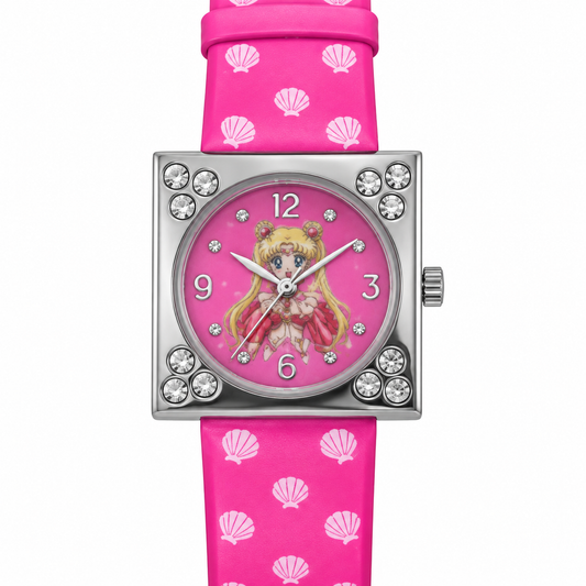 Orologio Mermaid Melody rosa con cassa quadrata argentata con strass, quadrante illustrato e cinturino rosa con stampa a conchiglie