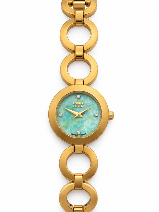 Orologio Enrico Coveri dorato con quadrante verde acqua e bracciale ad anelli