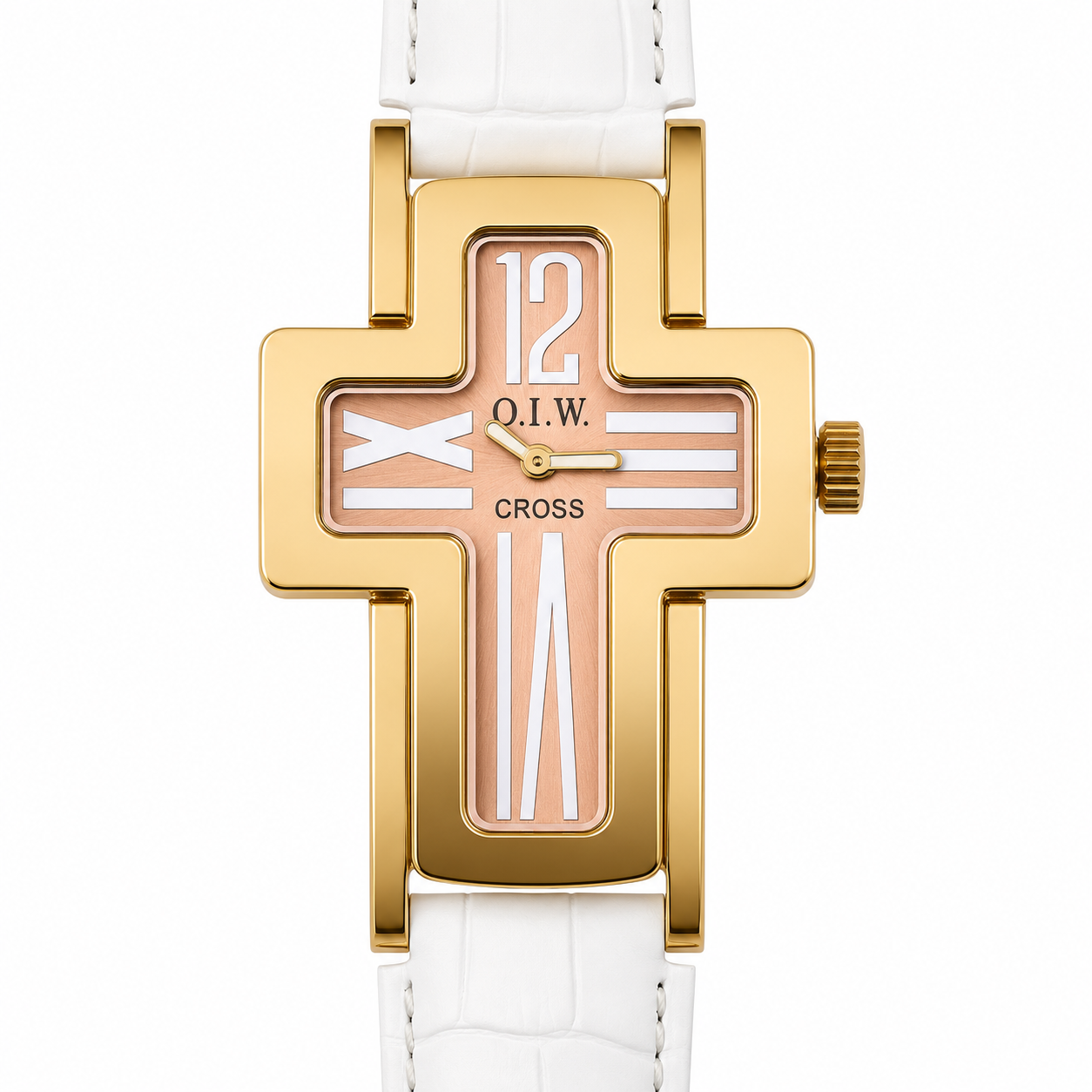 O.I.W. Cross Gold Rose - Orologio Donna Cassa a Croce Gold Quadrante Rosa Cipria Cinturino Pelle Bianco
