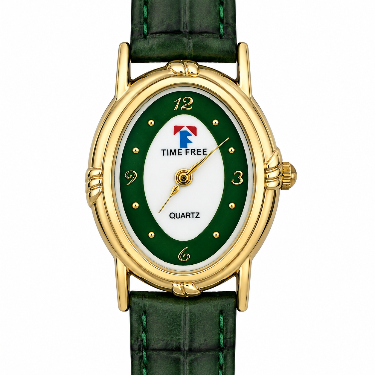 Time Free – Orologio Donna Cassa Ovale Oro Quadrante Verde Bianco Cinturino Coccodrillo