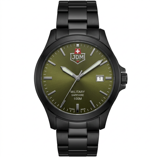 Orologio uomo JDM Military Sapphire Swiss Made nero con quadrante verde oliva e datario