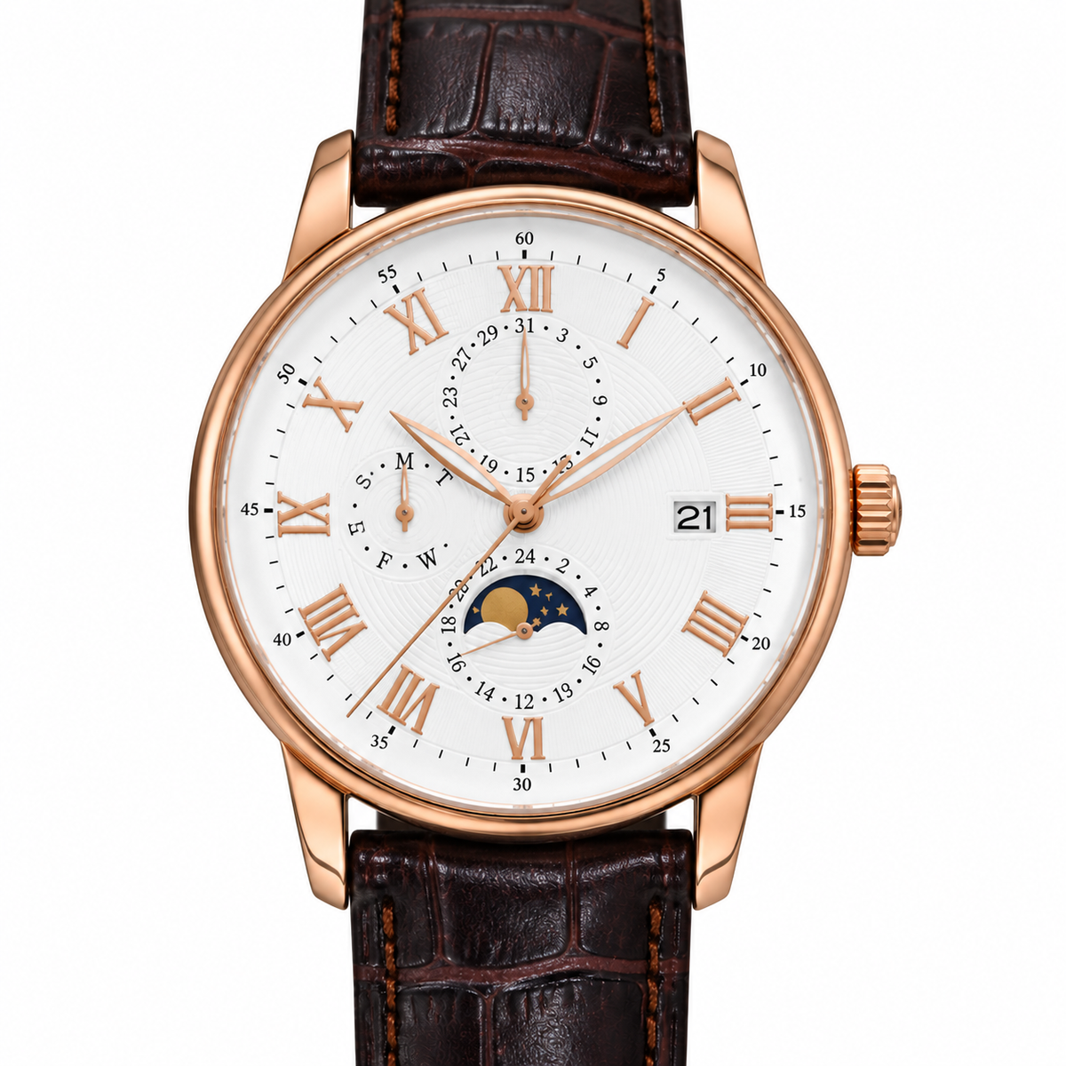 Orologio GoldenWatch Moonphase in oro rosa con quadrante bianco e cinturino in pelle marrone effetto coccodrillo