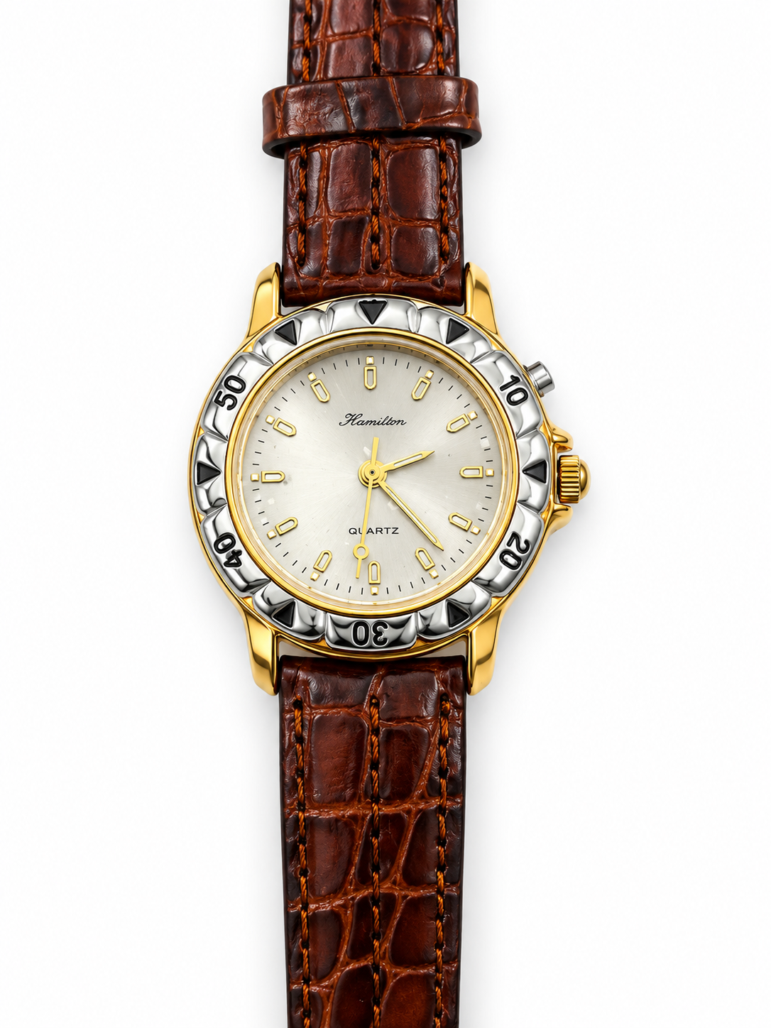 Orologio al Quarzo Bicolore con Quadrante Illuminabile e Cinturino in Pelle Marrone