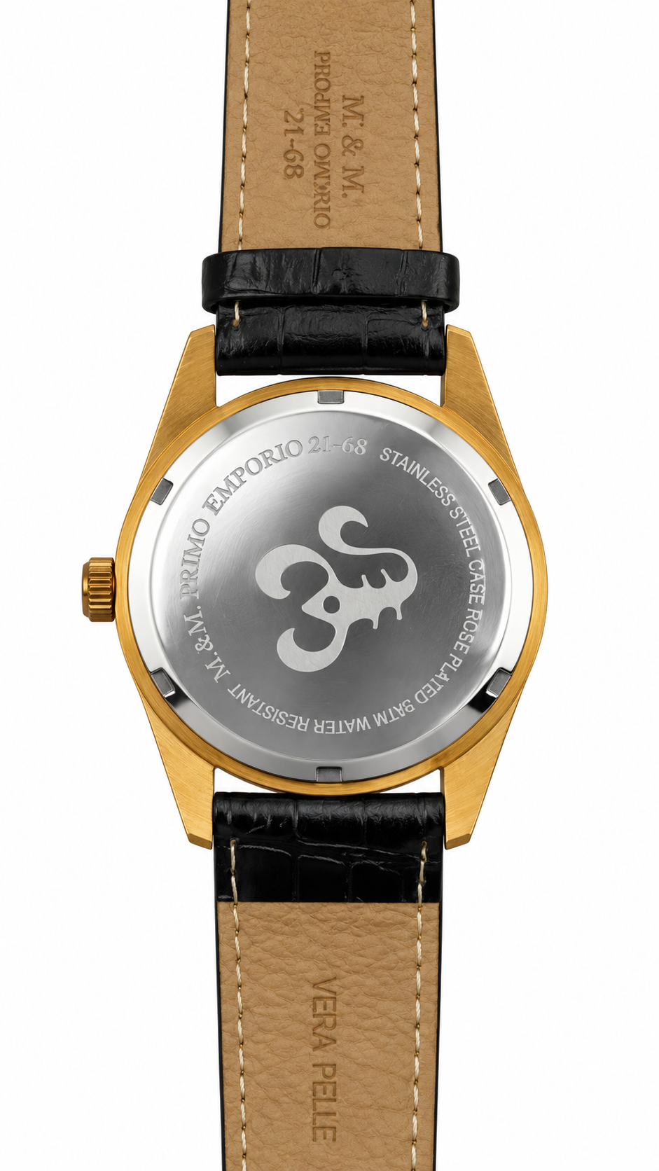 M&M Primo Emporio - Orologio Uomo Grande Data Riserva di Carica Cassa Oro Quadrante Nero Cinturino Coccodrillo Nero