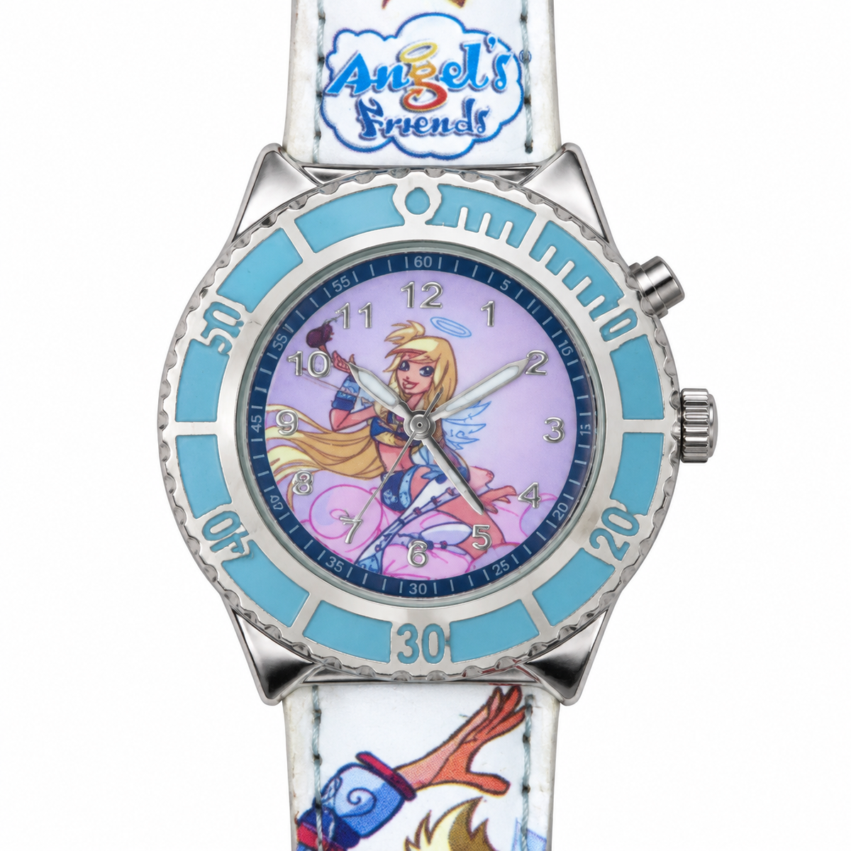 Orologio bambina Angel’s Friends con quadrante lilla, ghiera azzurra e cinturino bianco illustrato