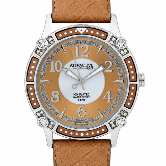Q&Q Attractive Orologio Donna – Ion Plated Cristalli Quadrante Camel WR 5 Bar