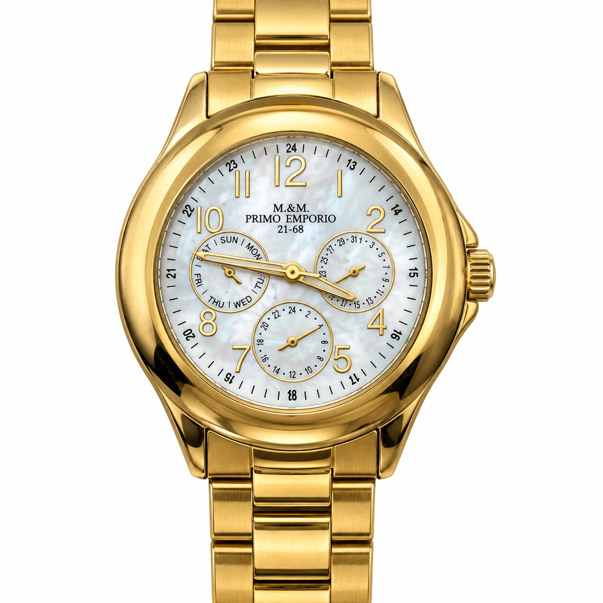 Orologio M&M Primo Emporio 21-68 con cassa e bracciale dorati, quadrante chiaro effetto madreperla e tre sottoquadranti