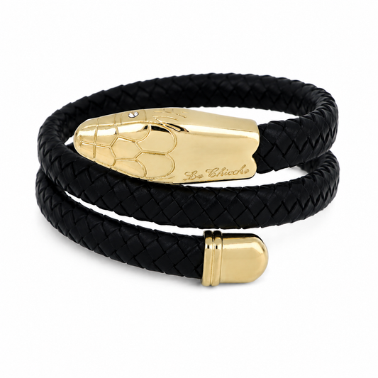 Le Chicche – Bracciale Serpente Cuoio Intrecciato Nero con Testa in Oro e Cristallo