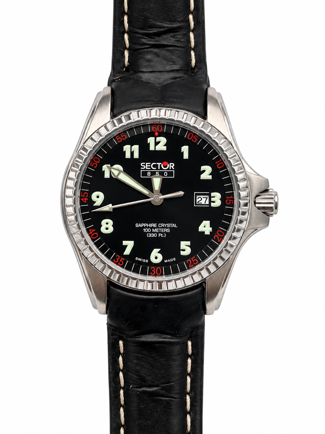 Sector 850 orologio uomo quadrante nero numeri arabi luminescenti lunetta graduata zaffiro 100 metri Swiss Made cinturino pelle nera