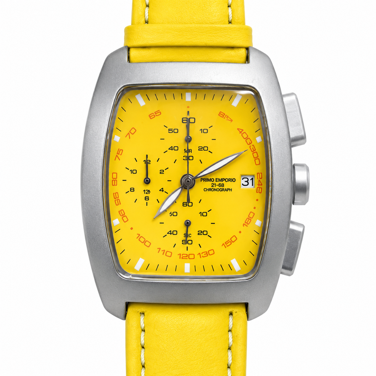 Cronografo Primo Emporio 21-68 con quadrante giallo a tre contatori, cassa rettangolare color argento e cinturino giallo