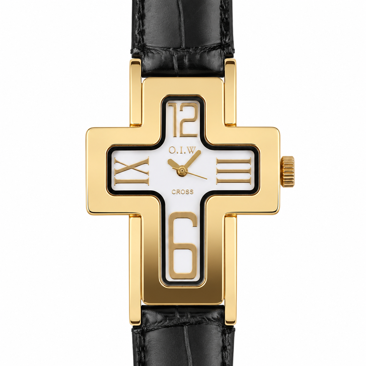 O.I.W. Cross Gold Black - Orologio Donna Cassa a Croce Gold Quadrante Bianco Cinturino Pelle Nero